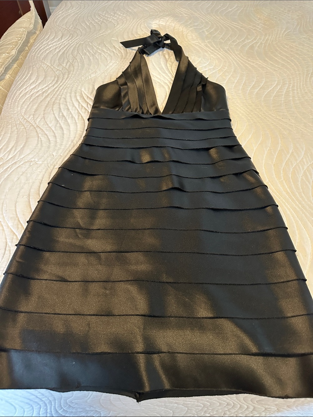 BCBGMaxAzria Black Halter Tiered Satin Mini Dress